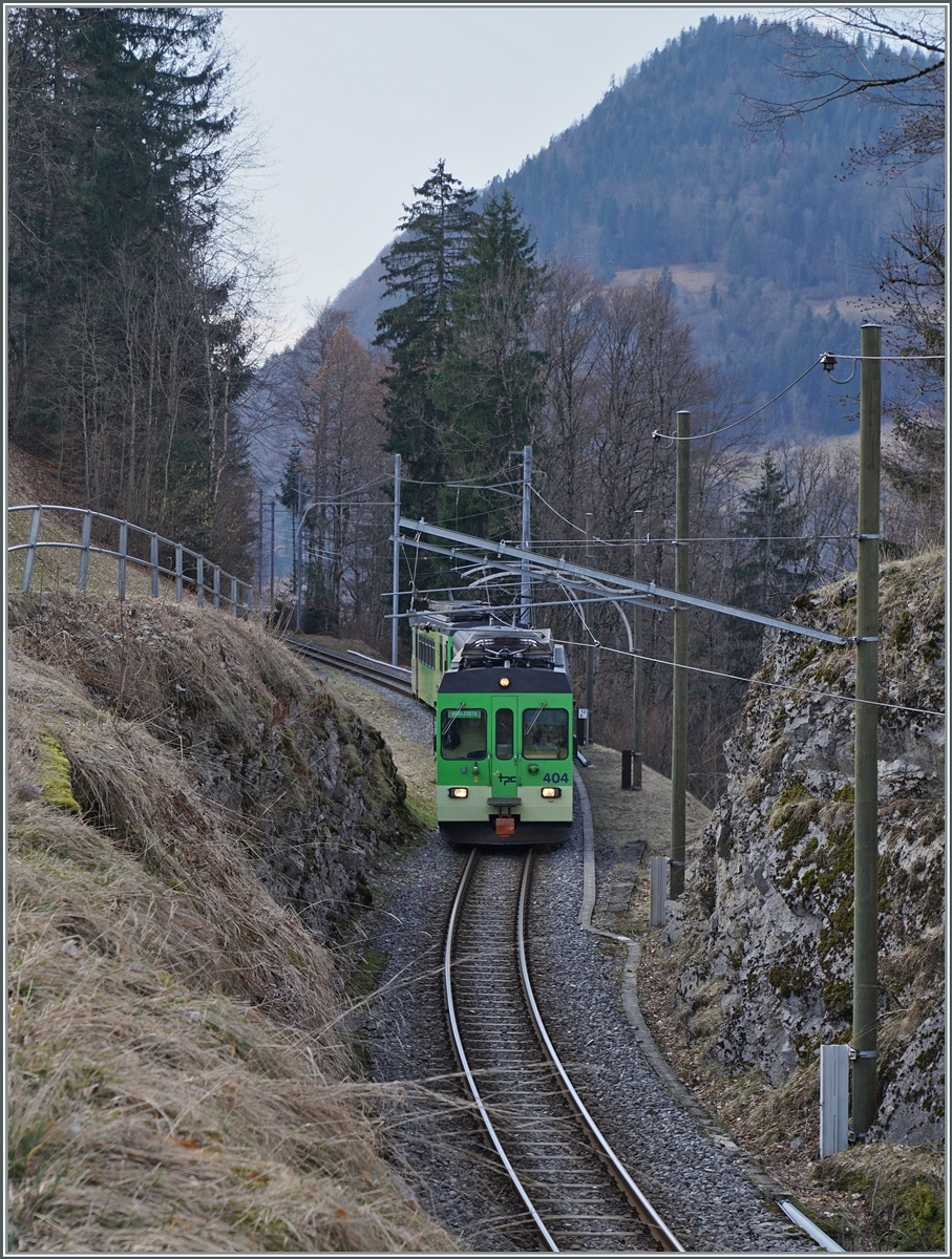 Kurz vor Les Planches ist der ASD TPC BDe 4/4 404 mit Bt und einem weitere BDe 4/4 auf der Fahrt nach Les Diablerets. 

17. Feb. 2024