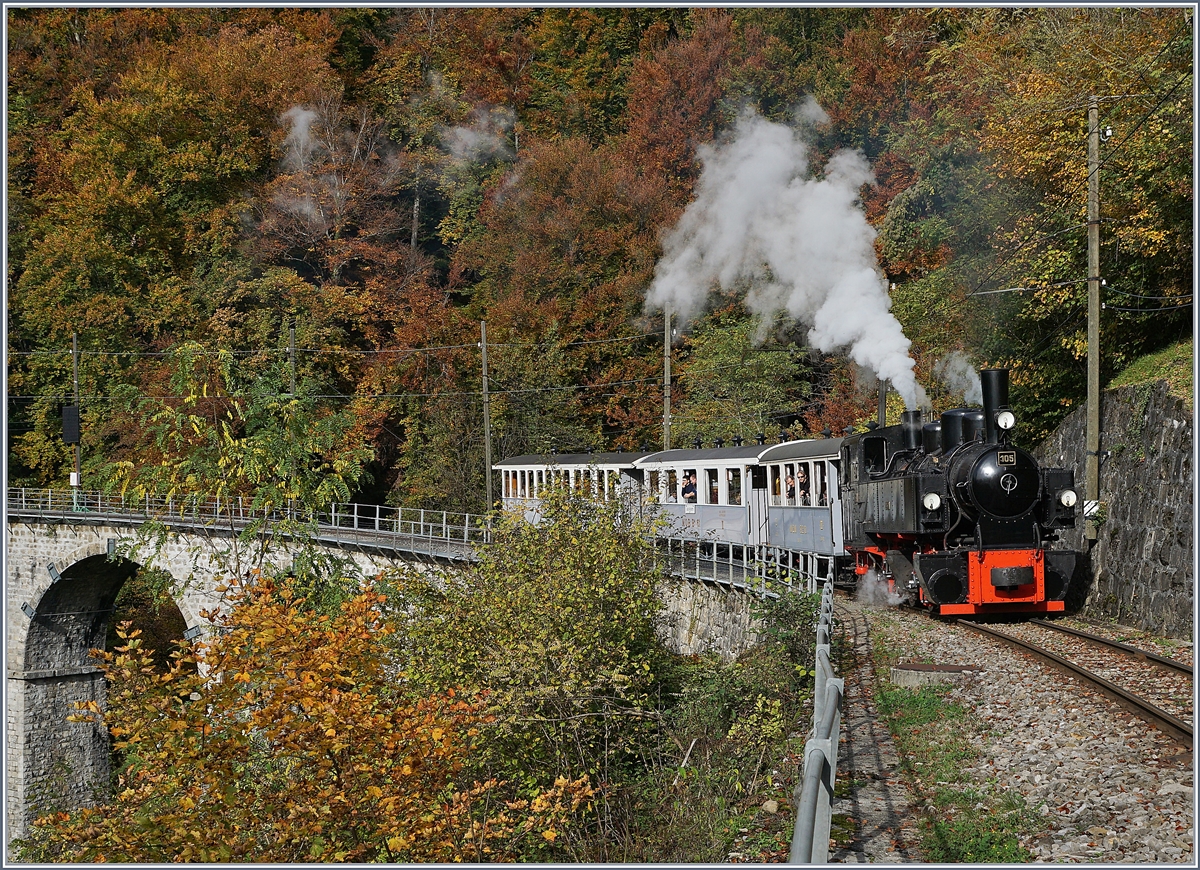 La DER 2019 (Saison Abschluss 2019) Mit einem farblich einheitlichen Zug ist die SEG G 2x 2/2 105 der Blonay - Chamby Bahn im Herbstlichen Wald bei Vers-Chez-Robert auf dem Weg nach Chaulin. 

27. Okt. 2019
