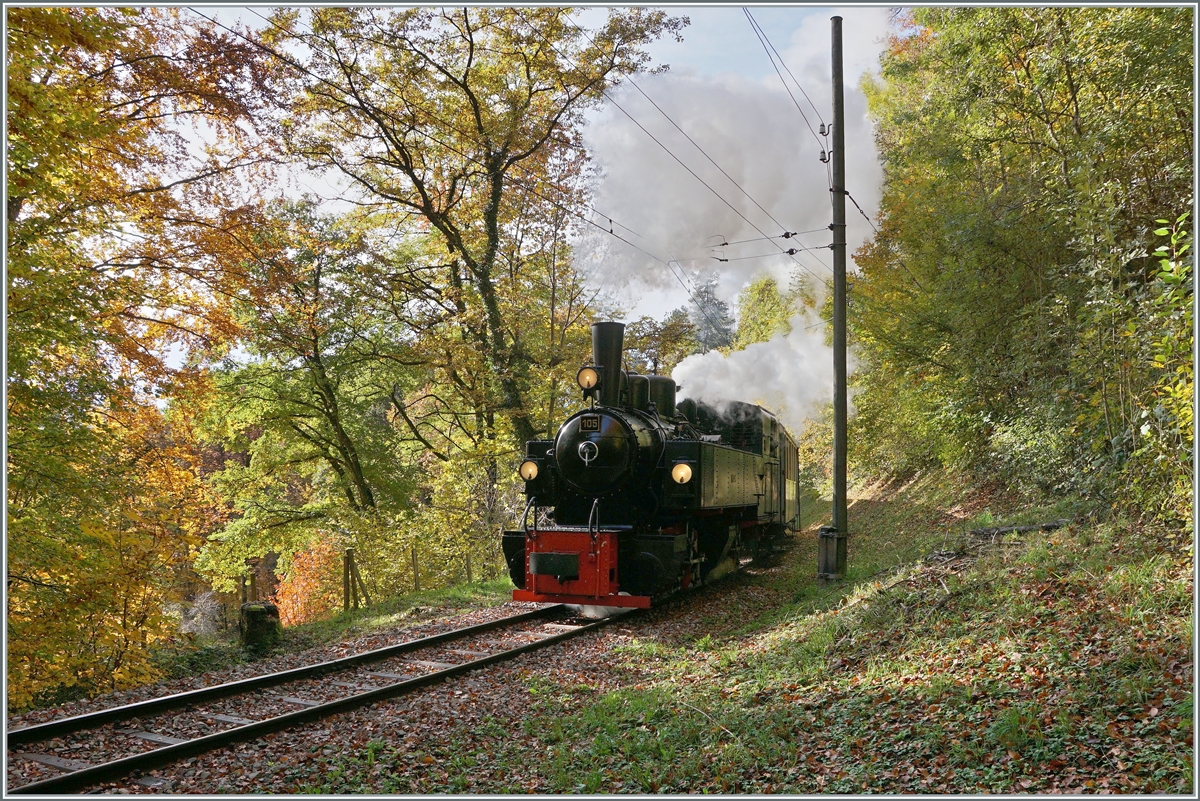  LA DER 2020 du Blonay-Chamby  / Saison Abschluss der Blonay-Chamby Bahn: Mit einem verstärkten Fahrplan und viel Dampf wird vor dem  Winterschlaf  (bzw. Arbeit im DépÔt Chaulin) nochmals viel Betrieb gemacht. 

Die g 2x 2/2 105 mit ihrem Reisezug auf dem Weg nach Chaulin kurz nach Chantmerle im Wald oberhalb von Blonay.
 25. Okt. 2020