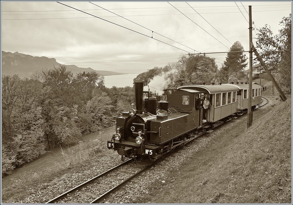  LA DER 2020 du Blonay-Chamby  / Saison Abschluss der Blonay-Chamby Bahn: Mit einem verstärkten Fahrplan und viel Dampf wird vor dem  Winterschlaf  nochmals viel Betrieb gemacht. 
Die LEB G 3/3 N° 5 ist mit ihren zwei Personenwagen kurz nach Chantemerle auf der Fahrt nach Chaulin. Im Hintergrund ist der Genfersee, die Savoyeer Alpen und sogar, zumindest andeutungsweise der Jura zu sehen. 

25. Okt. 2020