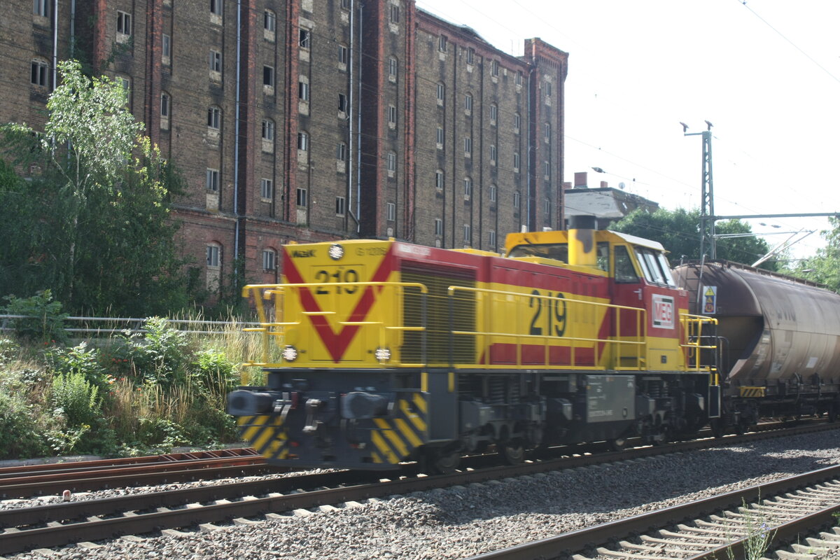 Lok 219 der MEG mit einem G�terzug bei der Durchfahrt im Bahnhof Niemberg am 5.7.21