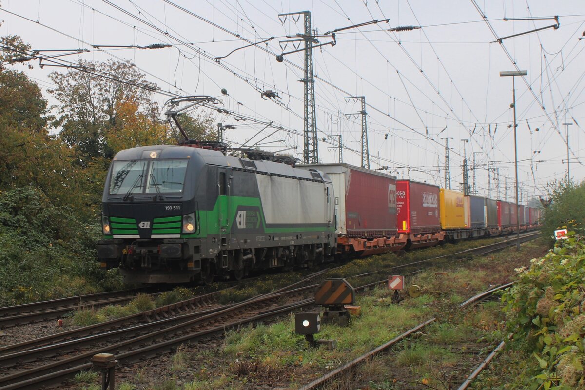 LTE/ELL 193 511 zieht ein KLV nach die Niederlande am nebligen 23 Oktober 2024 aus Emmerich aus und wird vom Bahnübergang fotografiert.