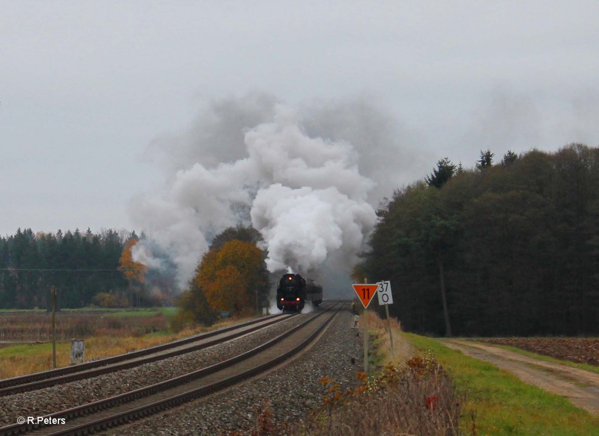 Mit Mächtig Dampf kam 52 8079 bei Oberteich vorbei mit dem Leerreisezug München - Glauchau. 09.11.14