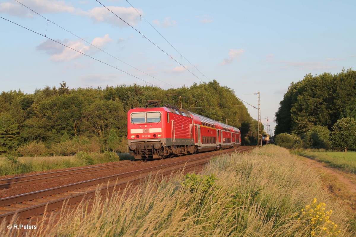 Mit der RB 75 15730 Aschaffenburg - Wiesbaden roll 143 238 der untergehenden Sonne bei Mainz-Bischofsheim entgegen. 20.05.15