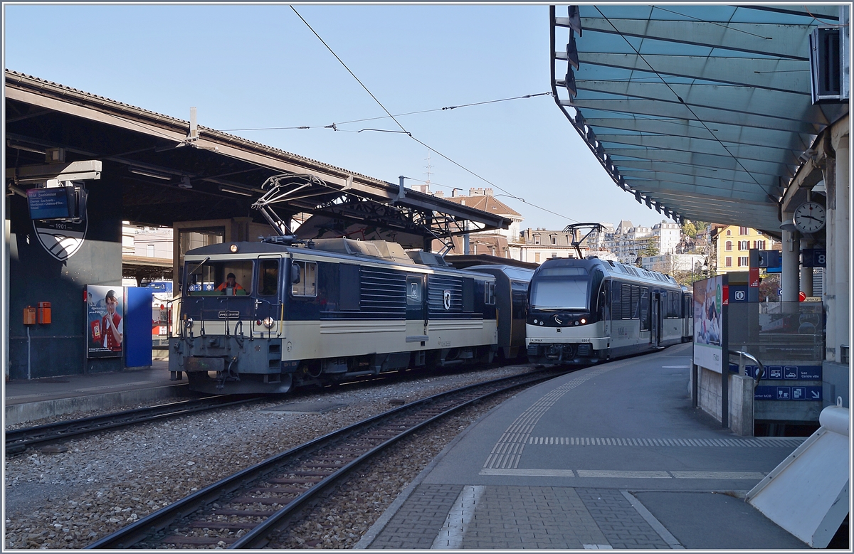 MOB GDe 4/4 6004  Interlaken  und Be 4/4 9204 in Montreux. 

10. April 2020