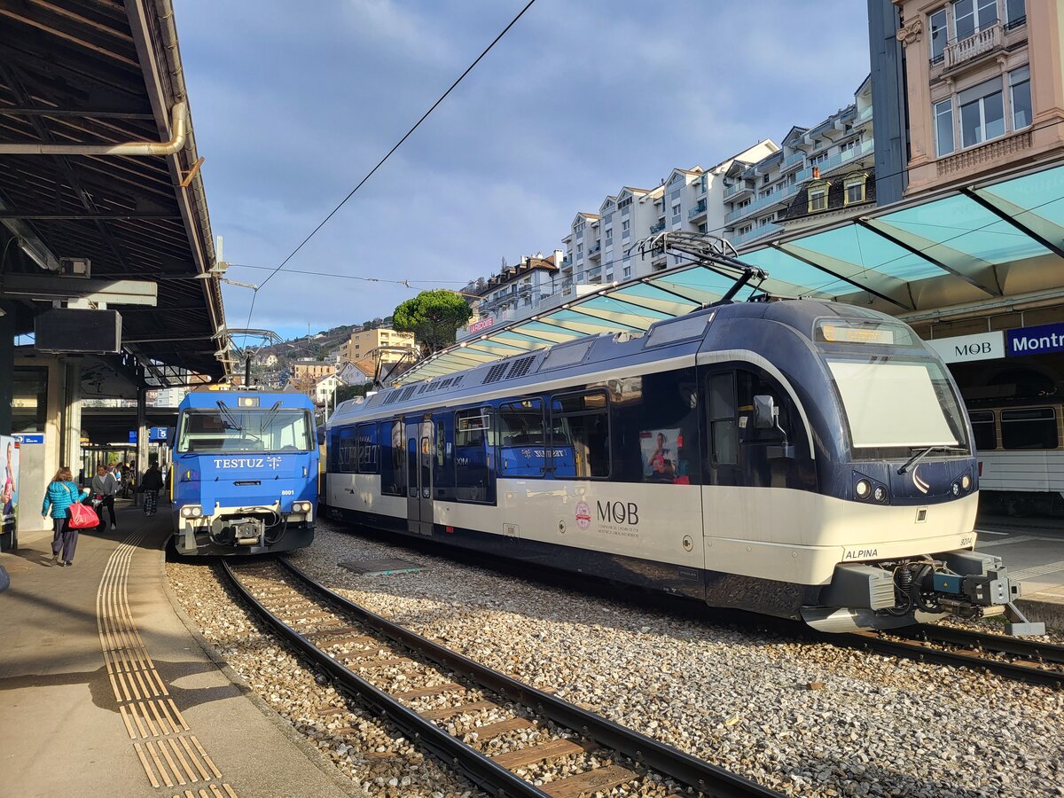 MOB Ge 4/4 8001 und Be 4/4 9204  Alpina  in Montreux.
17 Feb.2024