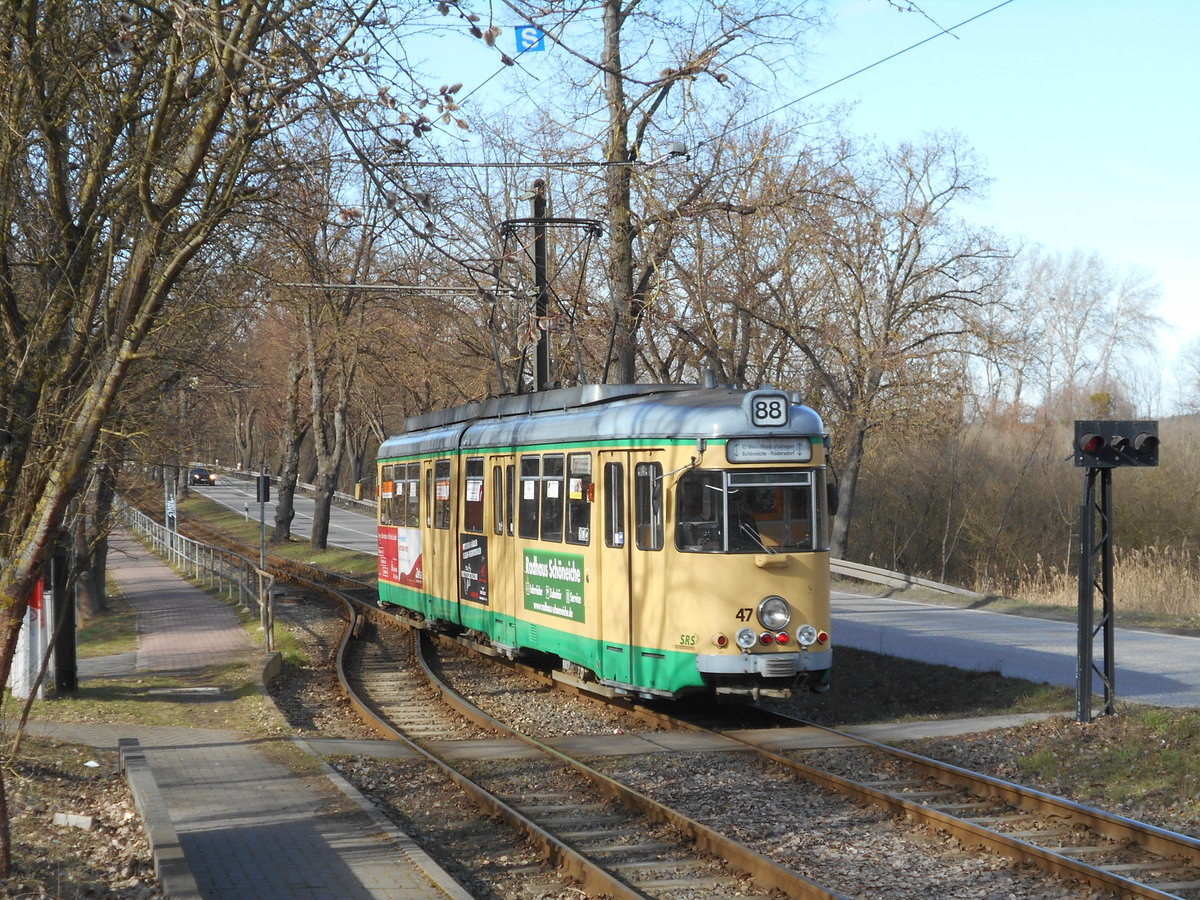 Nach dem Halt,in der Station Torellplatz,verließ der Tw 47 das Stadtgebiet von Rüdersdorf am 23.Februar 2019.