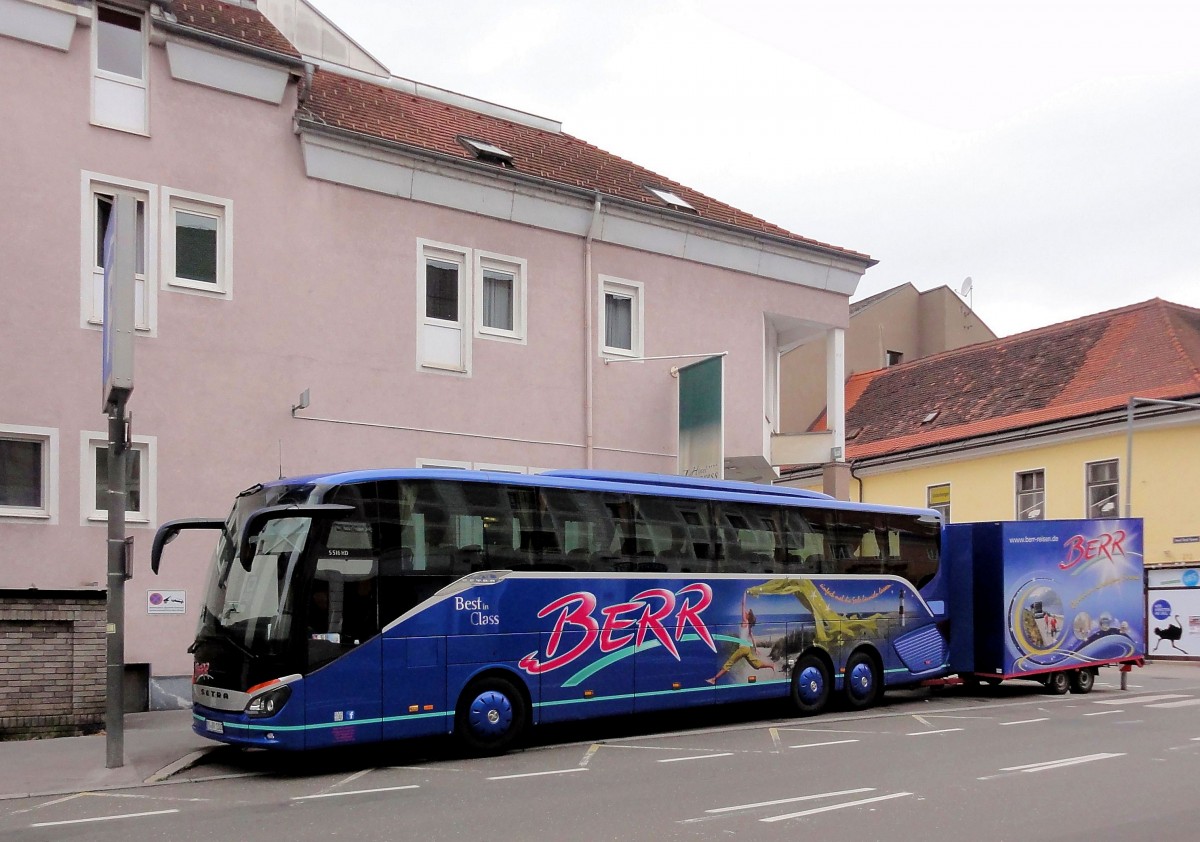 Neuer SETRA 516 HD von BERR Reisen BRD mit toll gestyltem Radh�nger am 20.8.2013 in Leoben/�sterreich gesehen.