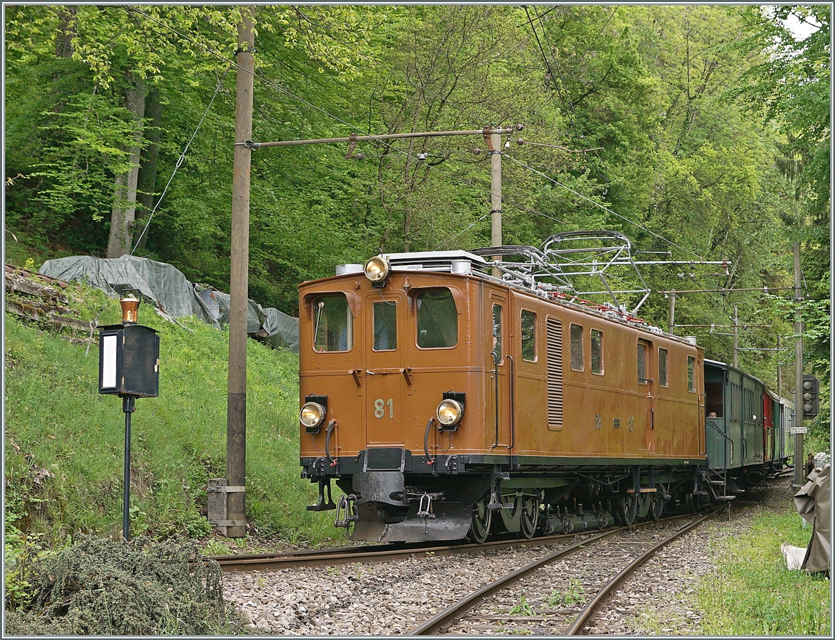 Nostalgie & Vapeur 2021  /  Nostalgie & Dampf 2021  - so das Thema des diesjährigen Pfingstfestivals der Blonay-Chamby Bahn. Die Bernina Bahn RhB Ge 4/4 81 der Blonay-Chamby Bahn schiebt ihren Zug nach Blonay in Chaulin hinter die Weiche um dann nach Blonay zu fahren. 

24. Mai 2021