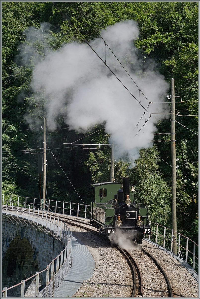 Ohne Wagen dampft die 1890 gebaute LEB G 3/3 N° 5 der Blonay Chamby Bahn bei Vers-Chez-Robert über das Baye de Clarens Viadukt.

4. Juni 2022