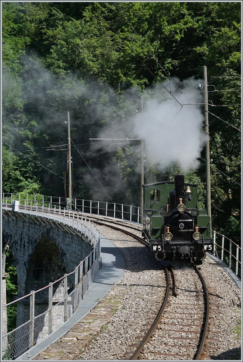 Ohne Wagen dampft die 1890 gebaute LEB G 3/3 N° 5 der Blonay Chamby Bahn bei Vers-Chez-Robert über das Baye de Clarens Viadukt.

4. Juni 2022

