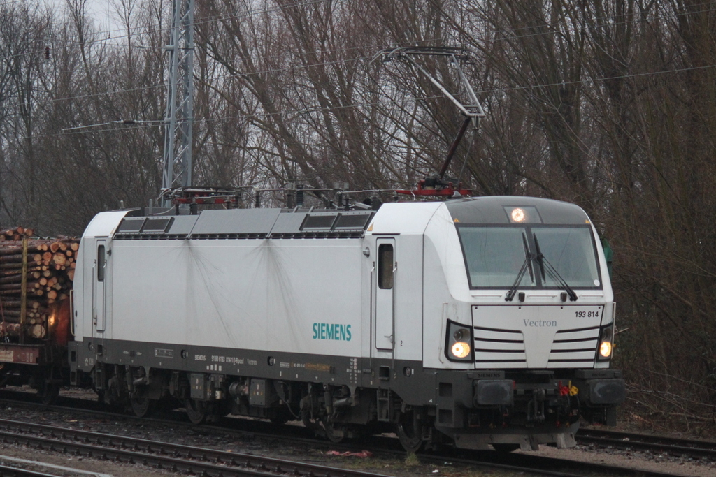 Railpool/SETG-Vectron 193 814-1 mit Holzzug von Rostock-Bramow nach Stendal-Niedergrne kurz vor der Ausfahrt im Bahnhof Rostock-Bramow.21.02.2015