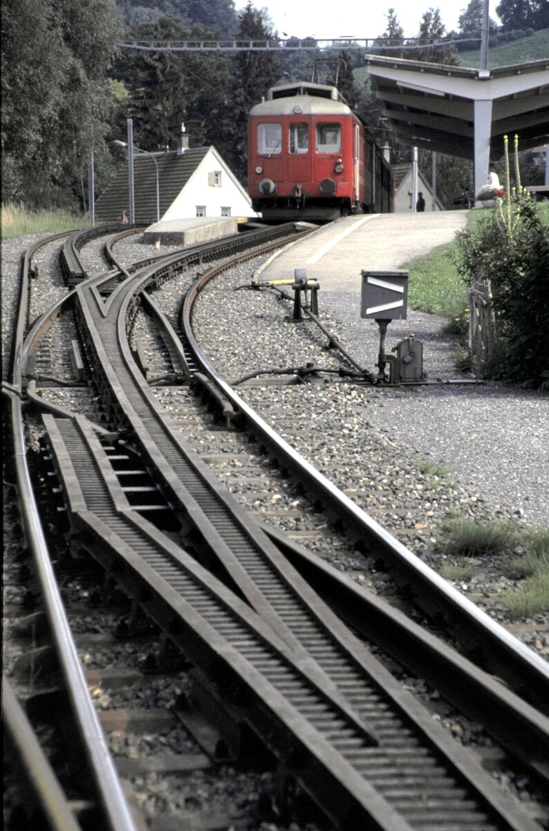 Rorschach Heiden Bahn (RHB) ABDeh 2/4 Nr.24 im Bahnhof Heiden am10.07.1993. Interessant ist die Zahnstangenf�hrung im Weichenbereich.