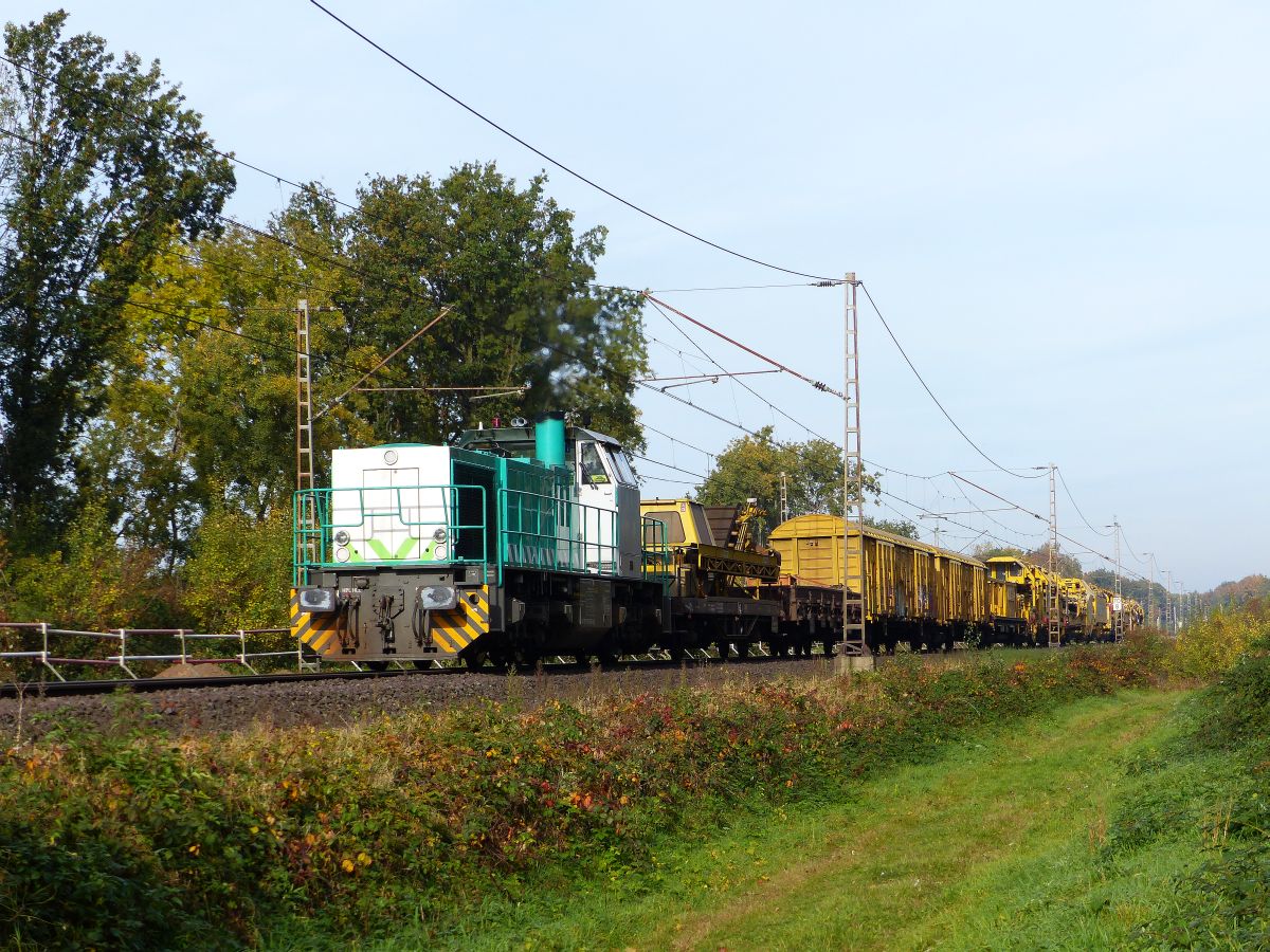 RTS (Rail Transport Service GmbH) Swietelsky Diesellokomotive 1275 Haagsche Strasse, Elten 30-10-2015.

RTS (Rail Transport Service GmbH) Swietelsky diesellocomotief 1275 met werktrein Haagsche Strasse, Elten 30-10-2015.