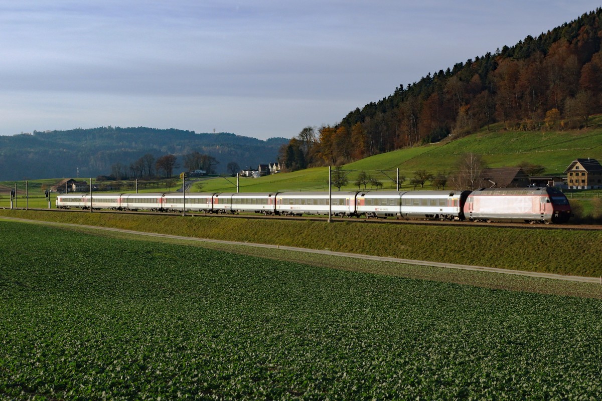 SBB: Die Re 460 mit ihrem IC im letzten herbstlichen Abendlicht bei Egolzwil am 10. November 2015.
Foto: Walter Ruetsch  