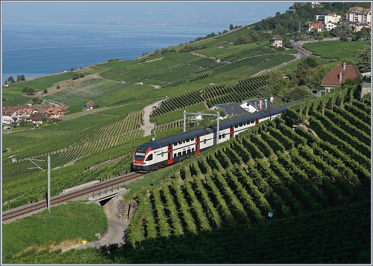 SBB Sommerfahrplan 2018: Wo sonst nur kurze Regionalzüge fahren, fuhren im Sommer 2018 RE im Umleitungsverkehr Genève - Vevey - Fribourg. Train de Vignes Lignes bei Chernex, am 27. Juli 2018
