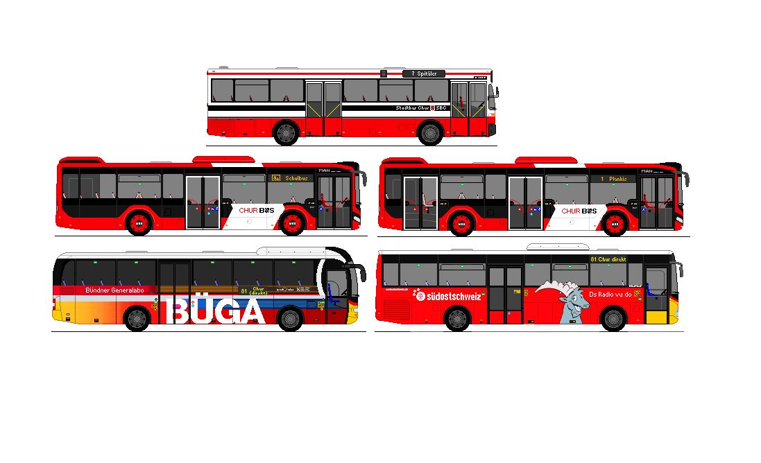 SBC Chur - Mercedes Benz O 405 + Chur Bus, Chur - 2xMAN Lion's City 12 + PostAuto Graub�nden - GR 162'990 - MAN Lion's Regio + GR 106'551 - Irisbus-Iveco Crossway