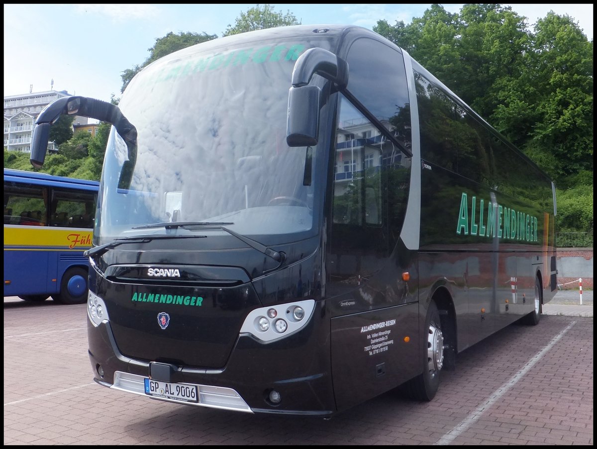 Scania OmniExpress von Allmendinger aus Deutschland im Stadthafen Sassnitz.