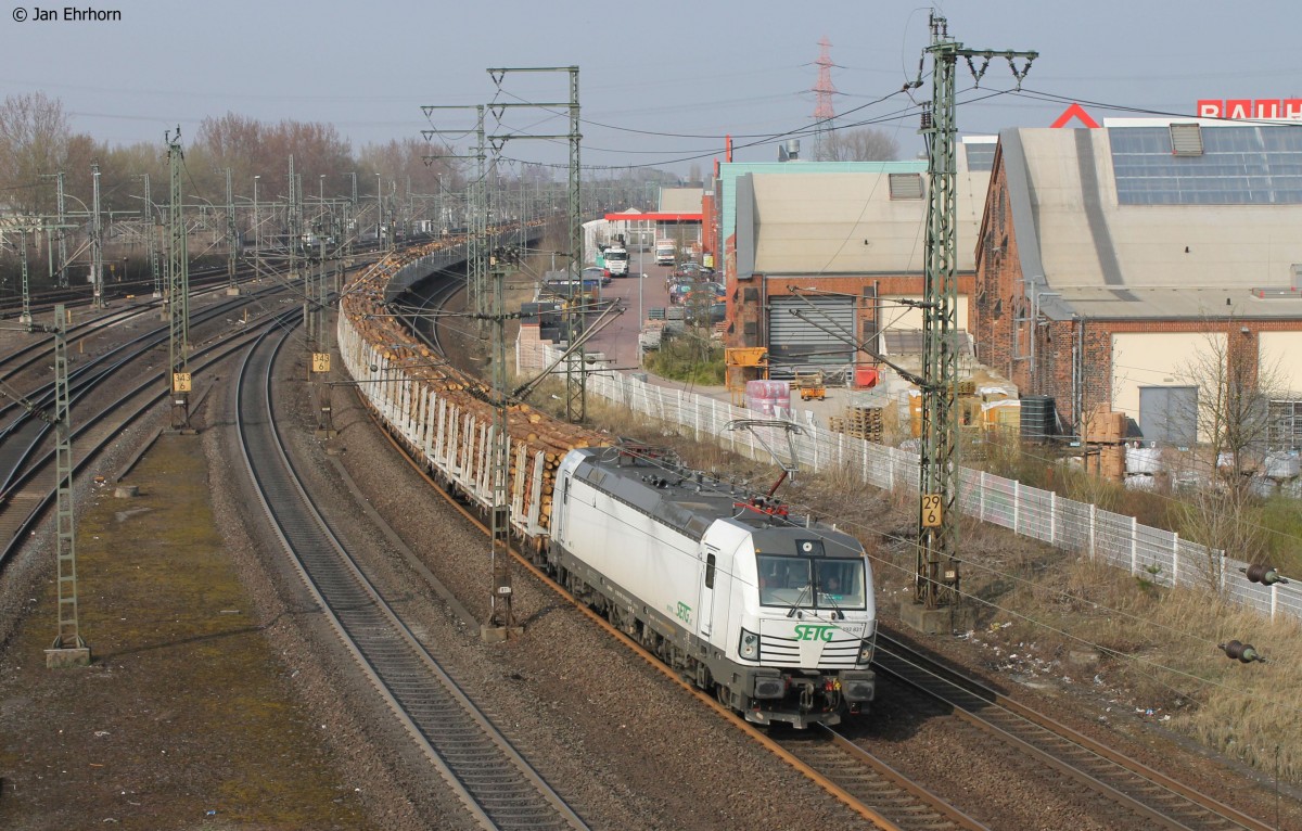SETG 193 831 mit Holzzug nach Schwaz in Hamburg Harburg am 10.04.15