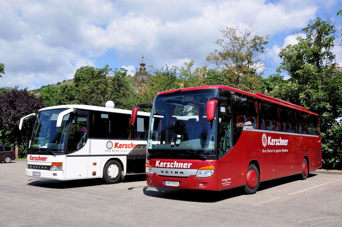 Setra 415 GT-HD von Kerschner Reisen und links ein Setra 317 UL ebenfalls von Kerschner Reisen aus �sterreich im Juni 2015 in Krems.