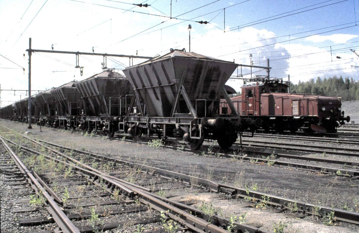 SJ alter Erzwagentyp im Eisenbahnmuseum der TGOJ in Gr�ngesberg am 02.08.1994. Im Hintergrund ist Ellok Hg Nr.654 zu sehen.