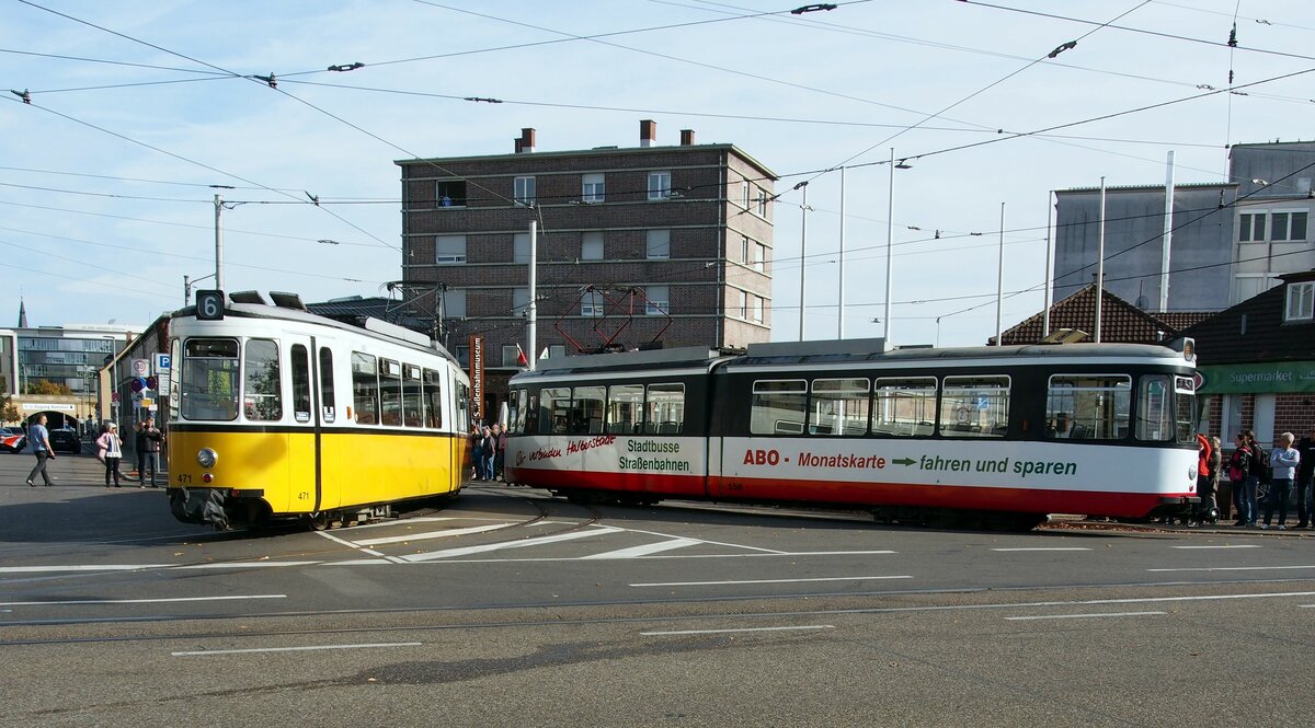 Stra�enbahn / Stadtverkehr; Stuttgart/Halberstadt/Freiburg;   GT 4 Nr.156 aus Halberstadt und GT 4 Nr.471 von Stuttgart, und mittendrin steht w�hrend der Festrede GT 4 Nr.109 aus Freiburg beim Jubil�um 60 Jahre GT 4 am 27.10.2019.
