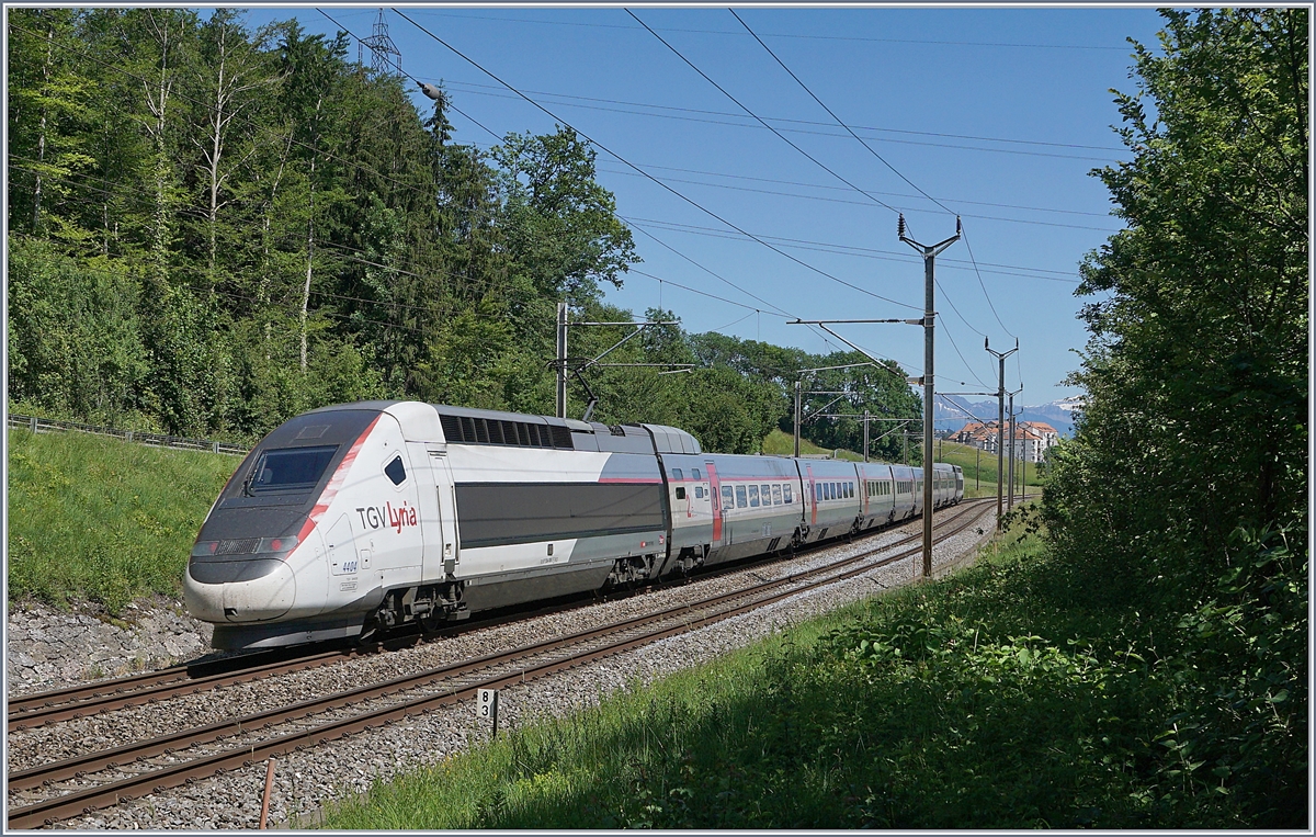 TGV Lyria von Paris nach Lausanne kurz vor seinem Ziel bei Bussigny.

8. Juni 2019