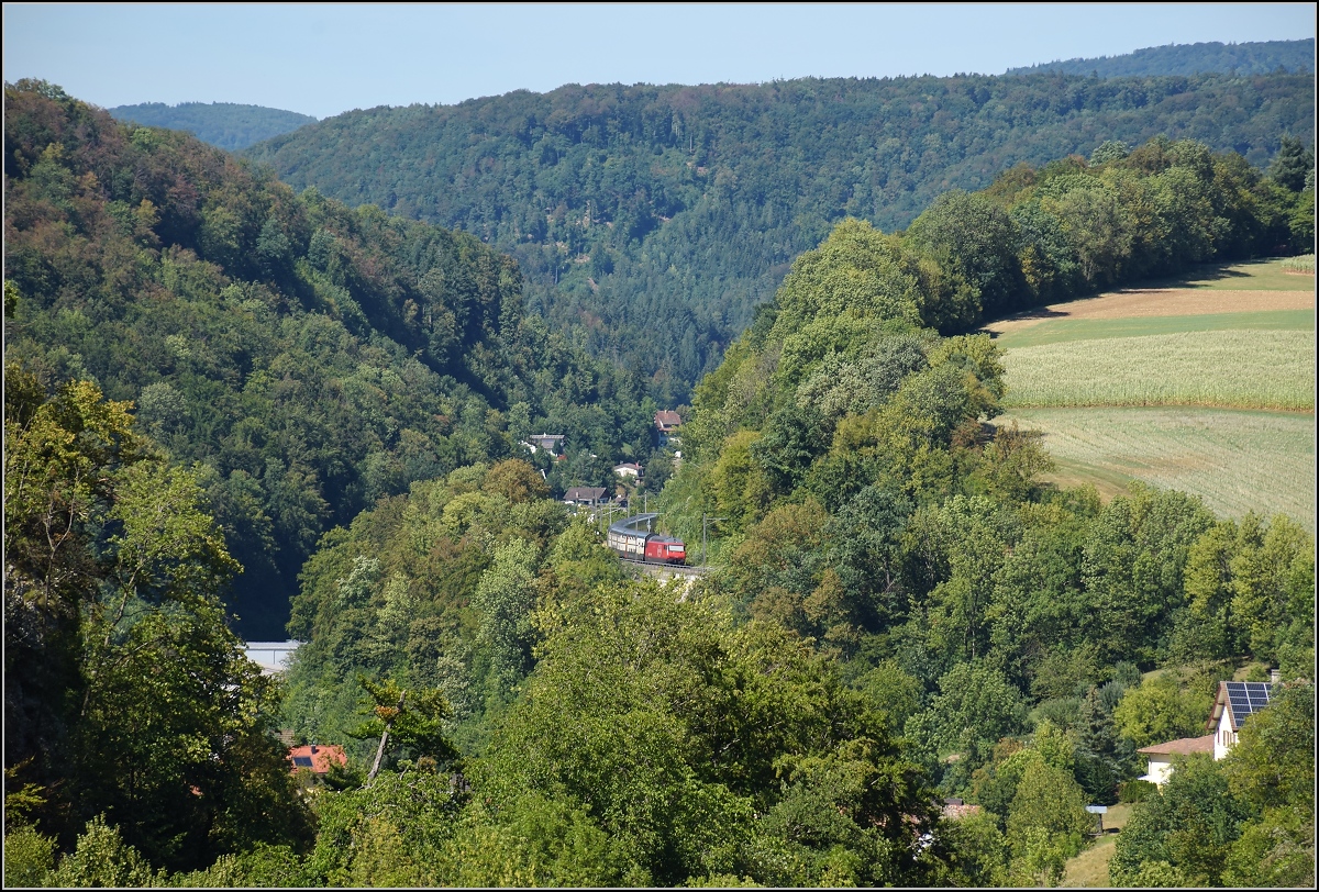 Umleiterverkehr auf dem Läufelfingerli. Blick in das Homburger Tal. Der IC fährt bei Bukten den Hang entlang richtung Rümlingen. August 2018.