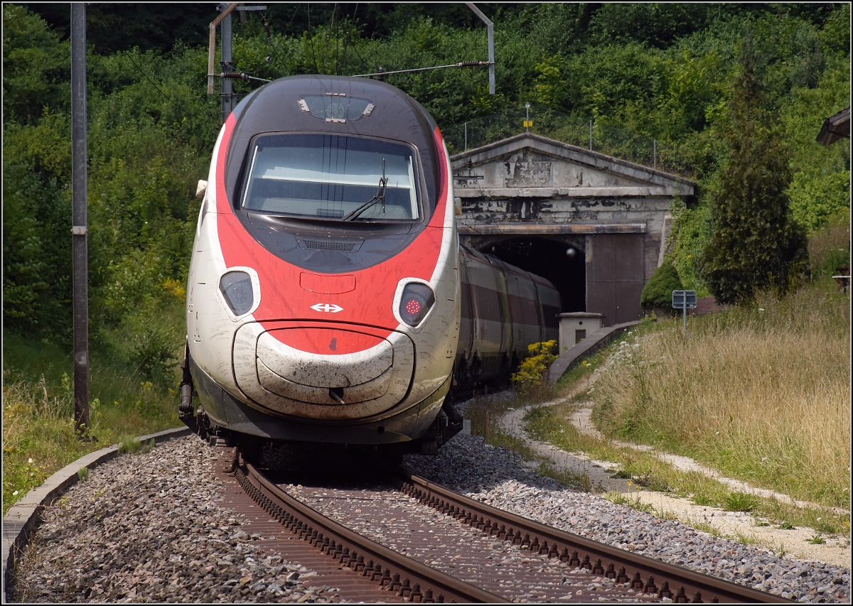 Umleiterverkehr auf dem Läufelfingerli. Ein RABe 503, dessen Nummer mir leider verborgen blieb, verschwindet im Südportal des Hauensteintunnels. Trimbach, Juli 2018.