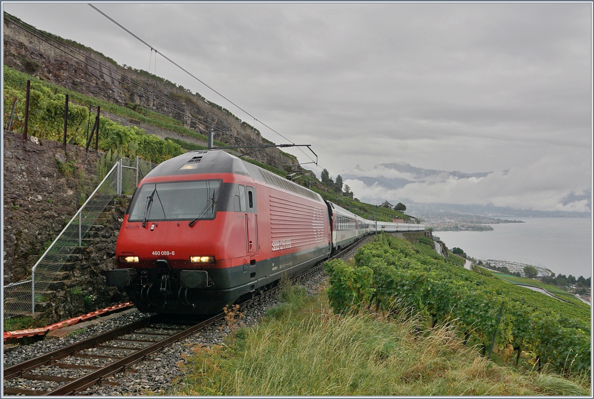 Umleitungsverkehr Vevey - Lausanne via Palézieux: Es läuft wie geschmiert, und das ist gerade das Problem, ein Blick auf die EXIF-Daten zeigt, dass der Zug weit weniger rasch an mir vorbeigleitet, als das Bild glauben machen will. 
Als vor der Eröffnung des LBT hin und wieder Lötschberg-Züge via Chexbres umgeleitet wurden, wurde im Bedarfsfall auf der 40 Promille Strecke Veyey - Puidoux-Chexbres Vorspann geleistet. Erfahrung und Wissen, welches in den letzten dreizehn Jahren scheinbar abhanden gekommen ist und von erneut fähigen Leuten an der Spitze nicht so von heute auf morgen wieder hergezaubert werden kann. 

Die SBB Re 460 089-6 quält sich mit dem RE 30630 zwischen Vevey und Chexbres im übereilten Schritttempo die 40 Promille Steigung hinauf; unfreiwillige Endstation des Zuges: Lavaux.

29. August 2020