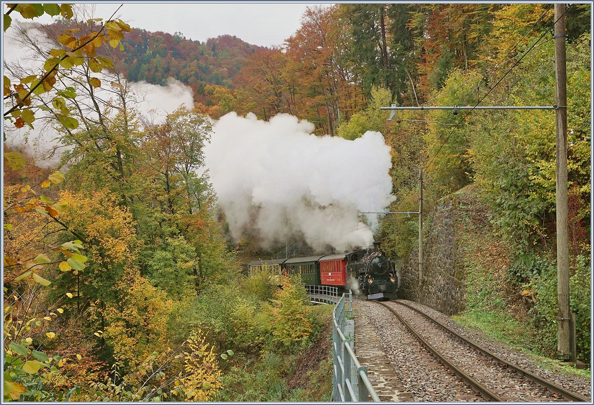 Und es dauerte nicht lange, bis nicht nur der weit sichtbare Rauch, sondern auch die dafür verantwortliche Lok in Bild kamen: Die BFD HG 3/4 N° 3 hat die Baie de Clarens überquert und geht nun die Steigung Richtung Chaulin an. 
Das Bild entstand unweit von Vers chez Robert am 28. Okt. 2018