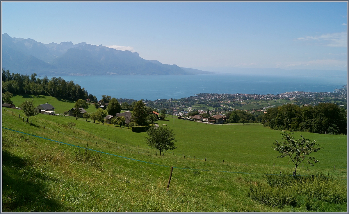 Viel Landschaft und sehr wenig Zug: die Blonay-Chamby G 3/3 N°6 ist mit ihrem Dampfzug bei Cornaux auf der Fahrt nach Blonay.

11. August 2019