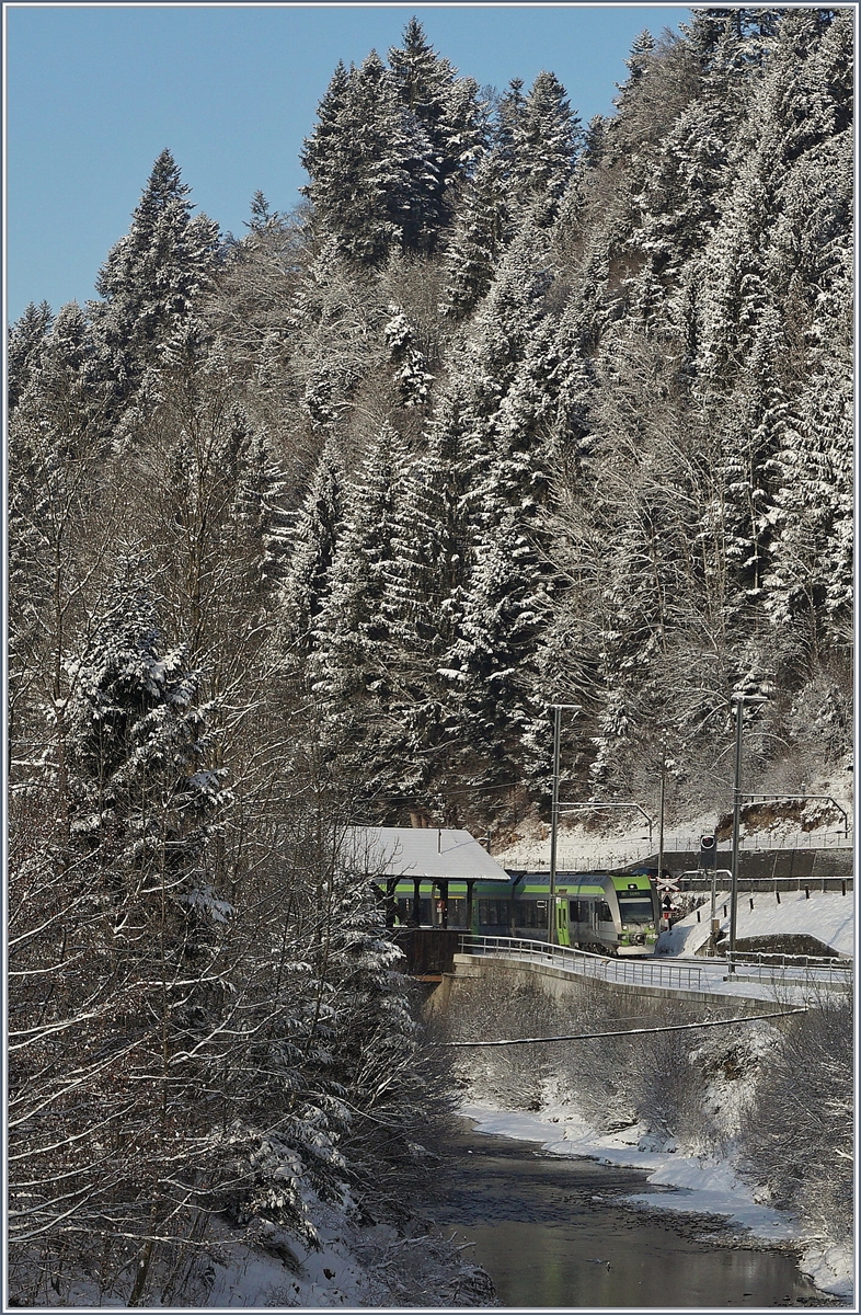 Vor lauter schöner Landschaft kaum zu sehen: ein BLS Lötsberger fährt bei Trubschen im Emmental dear Ilfis entlang.
6. Jan. 2017