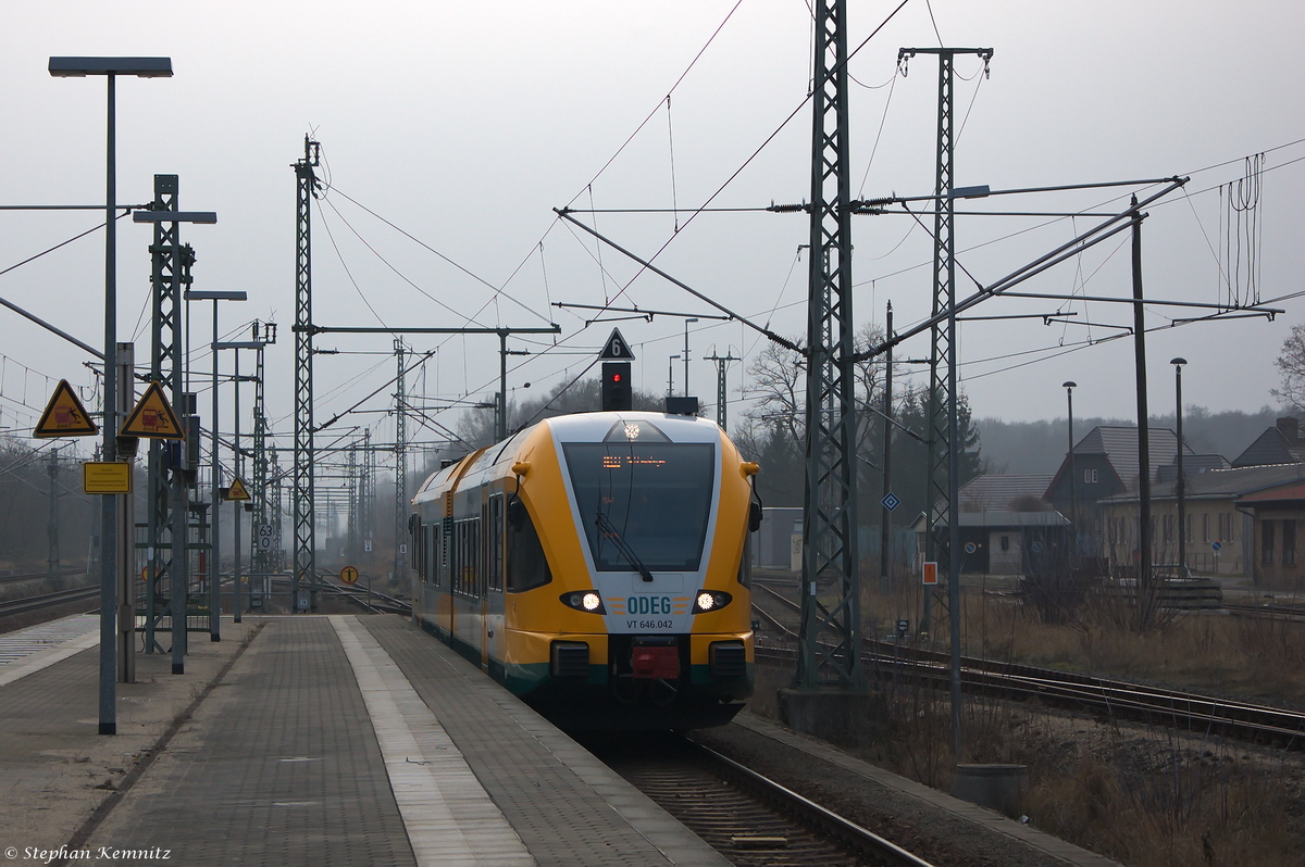 VT 646.042 (646 042-1) ODEG - Ostdeutsche Eisenbahn GmbH als RB33 (RB 68985) von Berlin Wannsee nach Jüterbog, bei der Einfahrt in Jüterbog. 17.02.2015