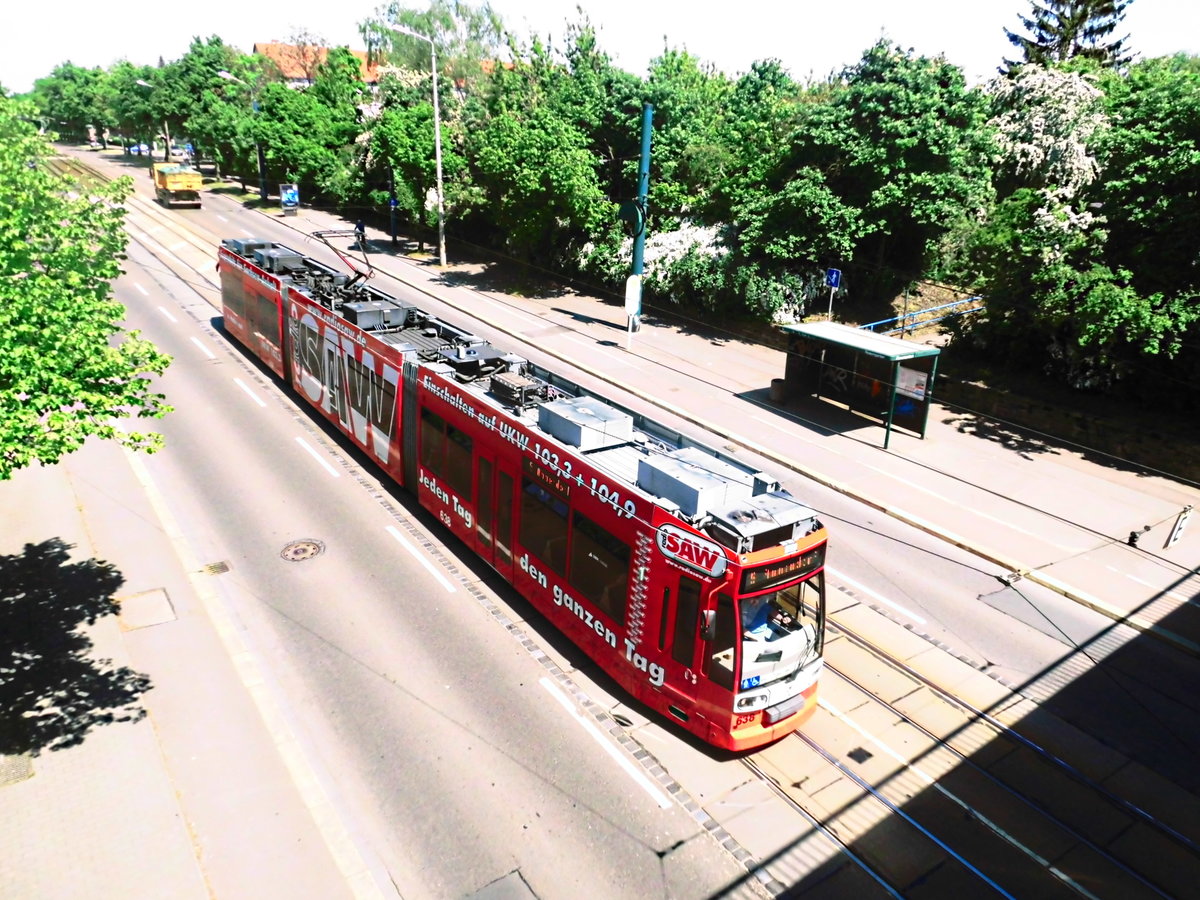 Wagen 638 der HAVAG an der Haltestelle S-Bhf Rosengarten am 17.5.17