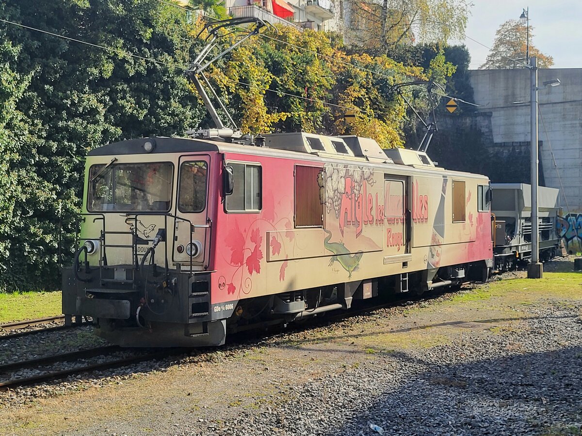 Wenn schon eine MOB GDe 4/4 aufgebügelt zu sehen ist, sollte sie auch fotografiert werden, sind doch die GDe 4/4 nur noch selten im Einsatz zu sehen.
In Montreux steht die MOB GDe 4/4 6006 mit einem Güterwagen.
30. Okt. 2024