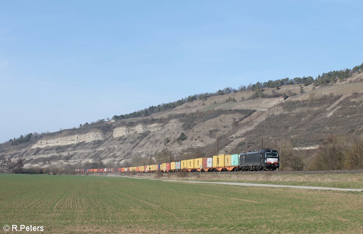 X4E 877 alias 193 877-8 zieht bei Thüngersheim den Containerzug im Auftrag von WLC. 16.03.17