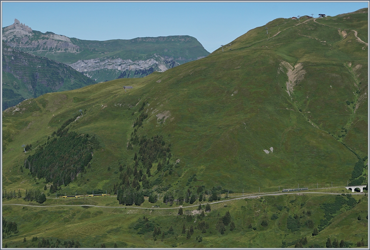 Ziemlich leicht zu finden sind auf diesem Bild der Strecke zwischen der Kleinen Scheidegg und der Wengeralp ein älterer und ein moderner WAB Zug. 

8. August 2016