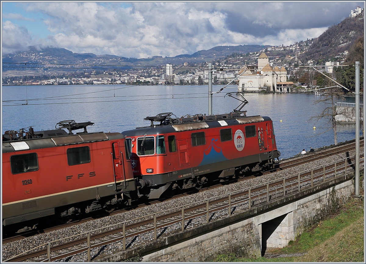 Zirkurs KNIE Re 4/4 II kurz vor dem Château de Chillon. 

5. Feb. 2020