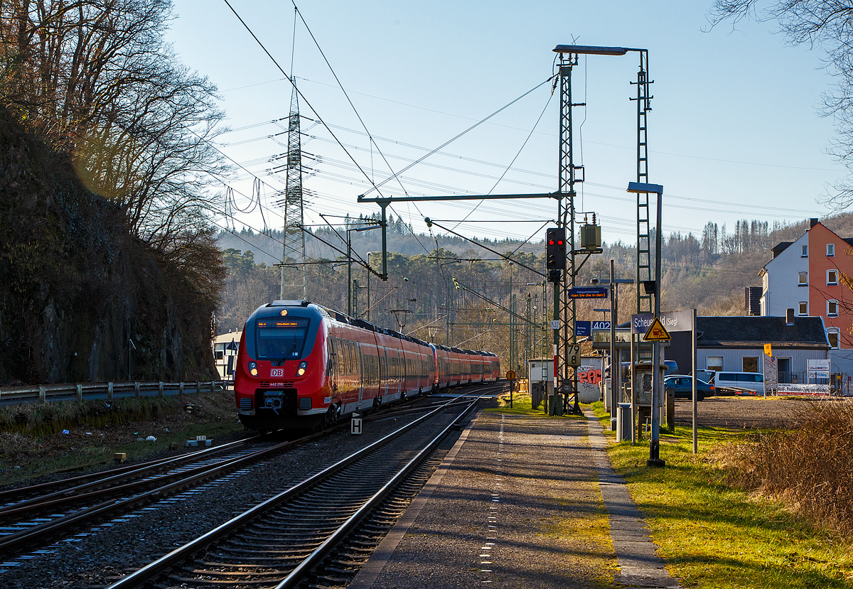 Zwei gekuppelte Bombardier Talent 2 (der vierteilige 442 259 / 442 759 und der fünfteilige 442 802 / 442 302) der DB Regio NRW rauschen am 28.02.2022, als RE 9 rsx - Rhein-Sieg-Express (Aachen - Köln - Siegen), dem Bahnhof Scheuerfeld (Sieg) in Richtung Siegen. Nächster Halt ist Betzdorf (Sieg).