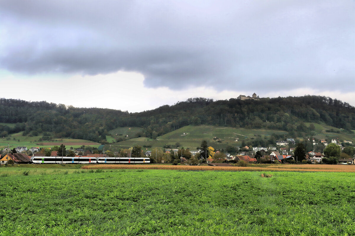 Zwei Thurbo GTW 2/8 verlassen Stein am Rhein Richtung Etzwilen. Hoch oben auf dem Berg die mittelalterliche Burg Hohenklingen, noch im Kanton Schaffhausen, kurz vor der Grenze zu Deutschland. 6.Oktober 2021 