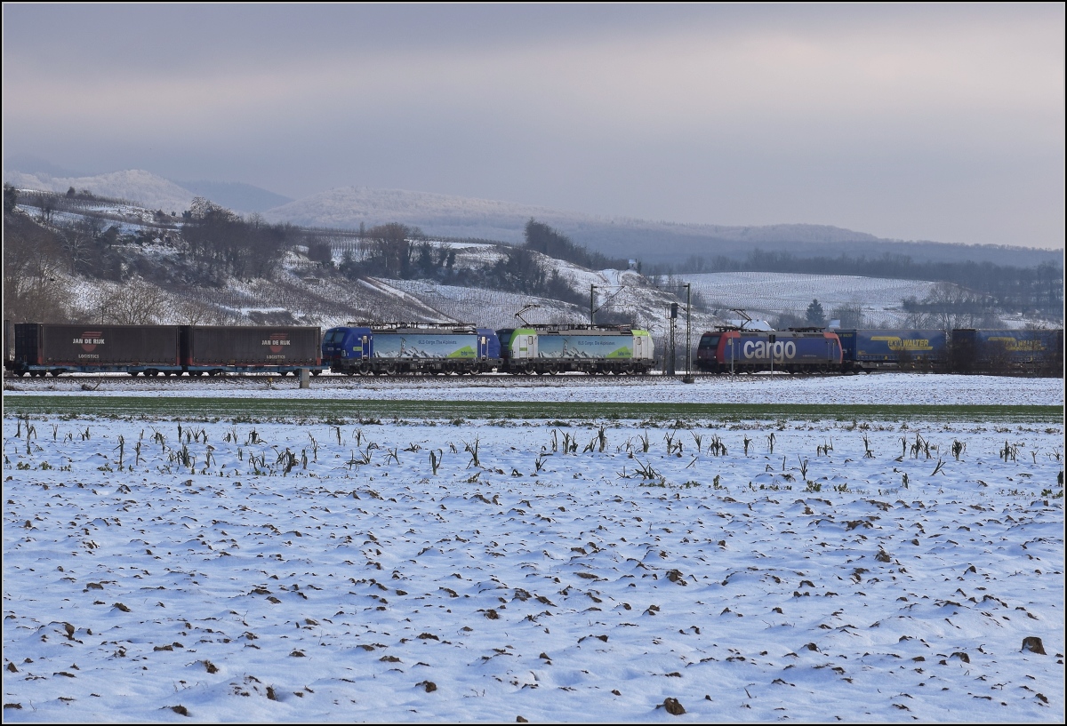 Zwischen Belchensystem und Blauendreieck. 

Die neue (vorübergehende) Fotostelle erlaubt schöne Fernblicke hinter dem Zug. Hier begegnen Re 475 409 und 193 496 der BLS der Re 482 021 der SBB. Buggingen, Februar 2021.