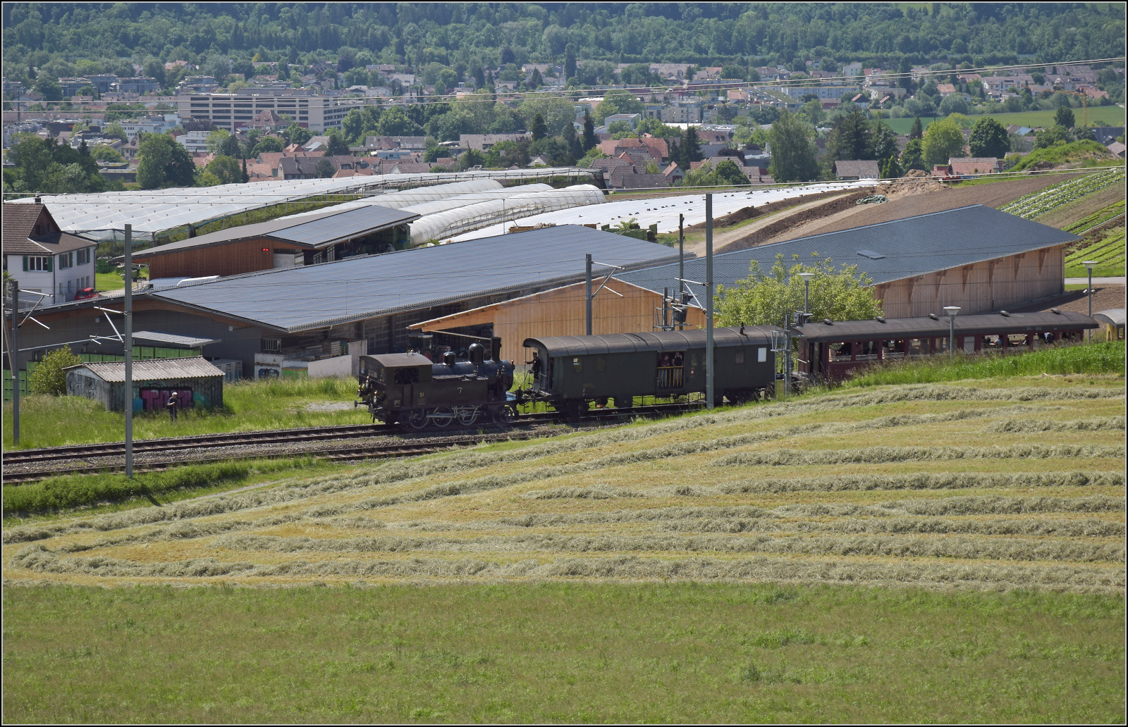 150 Jahre Emmentalbahn. 

Ed 3/4 51 der Bern-Schwarzenburg-Bahn auf dem Weg nach Konolfingen. Tägertschi, Mai 2025.