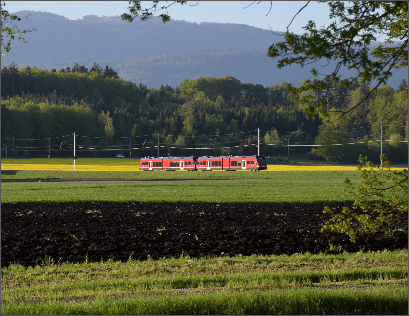 Auf der Biel-Täuffelen-Ins Bahn. GTW Be 2/6 502 und GTW Be 2/6 507 der ASm im Lüscherzer Moos. April 2022.