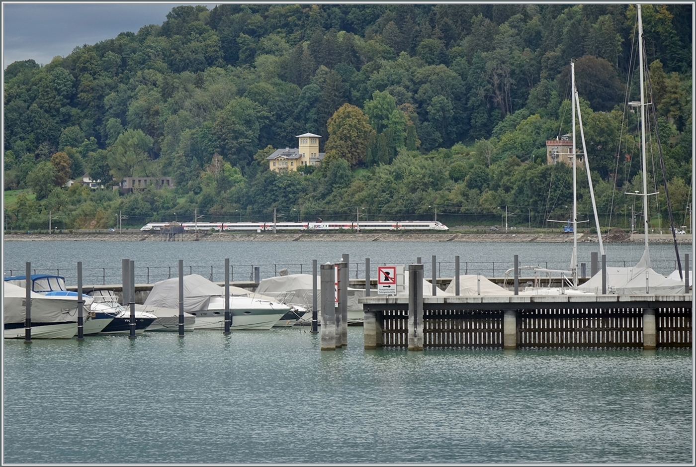 Bei Bregenz ist ein SBB RABe 503 / ETR 603 auf dem Weg von München nach Zürich. 
(Aufnahme vom Kursschiff aus).

15.09.2022