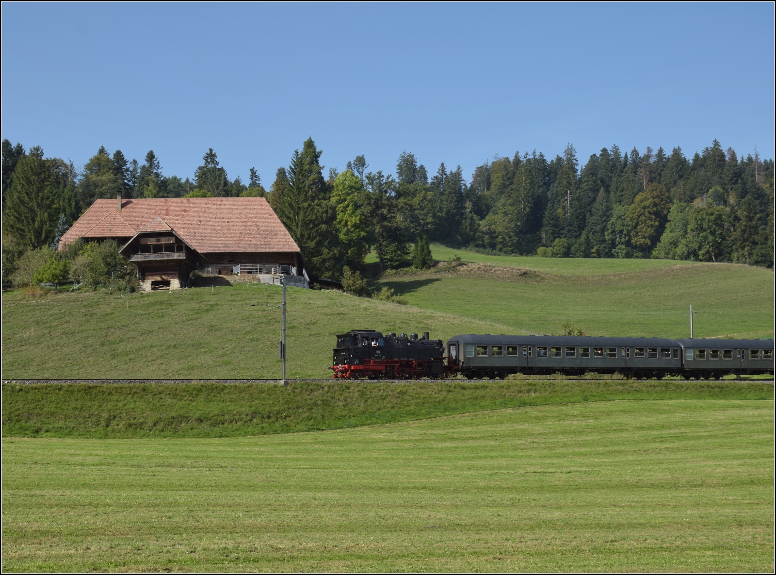 Dampftage Huttwil mit frisch genesenem Bubikopf. 

Bei Wydithub rollt der Zug mit 64 518 nach Sumiswald-Grünen hinunter. Oktober 2023.