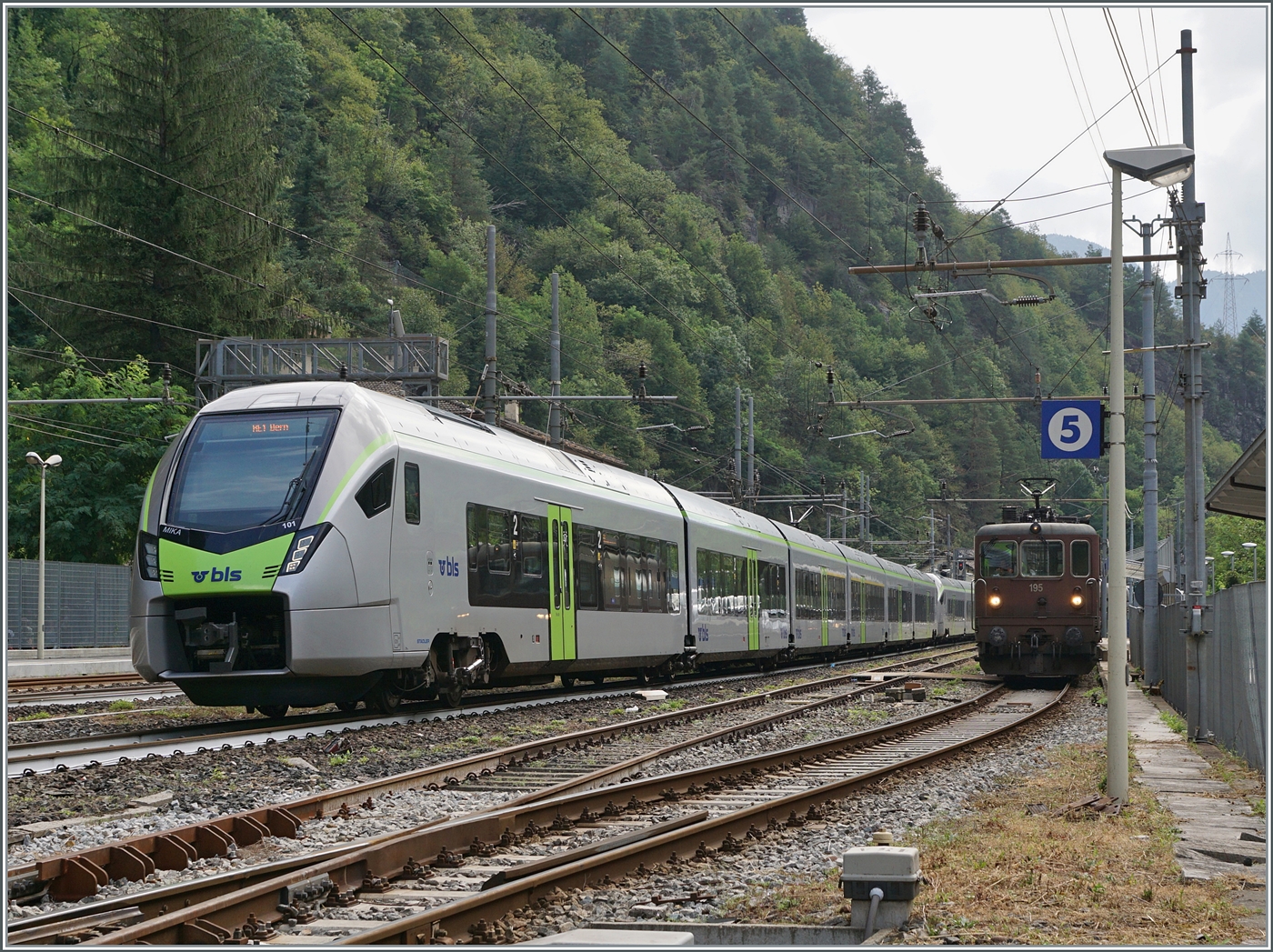 Das Ende einer interessanten Fahrt: Der BLS RE 11 4545 kommt von Biel/Bienne und endet in Iselle di Trasquera (Weiterfahrt mit Busen infolge SEV). Der Zug bediente Lyss, Zollikofen, Ostermundigen, G�mligen, M�nsingen, Thun, Spiez, M�lenen, Reichenbach im Kandertal, Frutigen, Kandersteg, Goppenstein, Hohtenn, Ausserberg, Eggerberg und Brig; fuhr aber nicht via Bern. Der Zug besteht aus dem BLS RABe 528 111 und 101. Im Hintergrund ist die BLS Re 4/4 195 mit ihrem abfahrbereiten Autotunnelzug zu sehen.

17. August 2024.