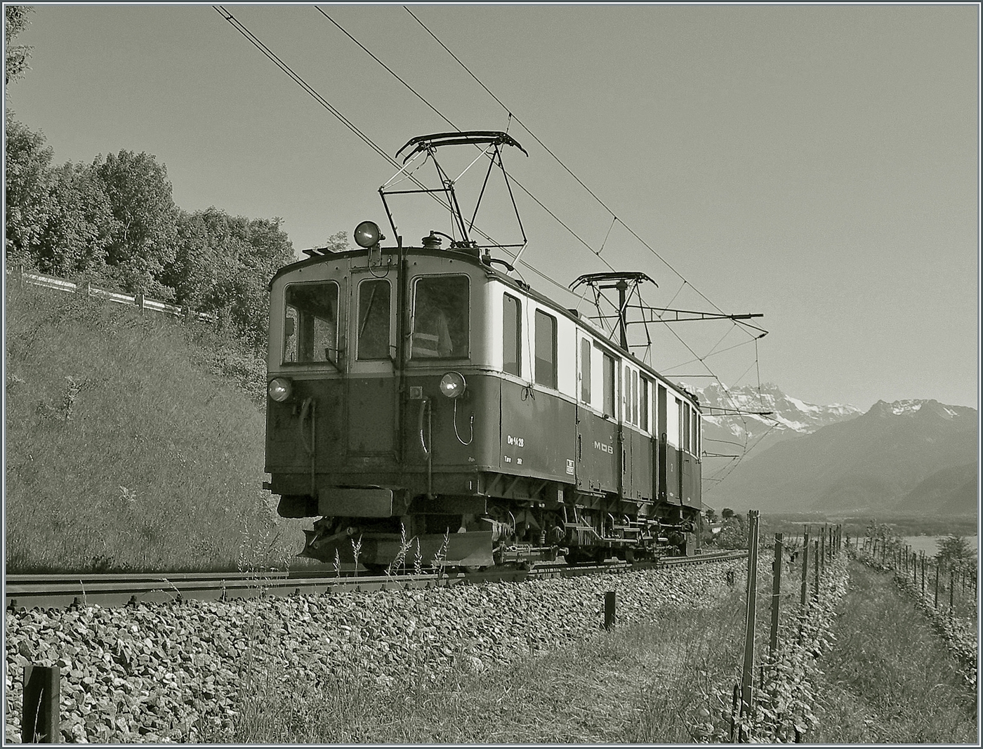 Der am 6. Aug. 1924 in Betrieb genommen MOB CFZe 4/4 28, später BDe 4/4 und nun De 4/4 28 bei Planchamp auf der Fahrt nach Chernex. 
Ich zeige hier die S/W Variante. Das farbige Bild ist schon seit einiger Zeit auf diesr Seite zu sehen.

10. Mai 2007