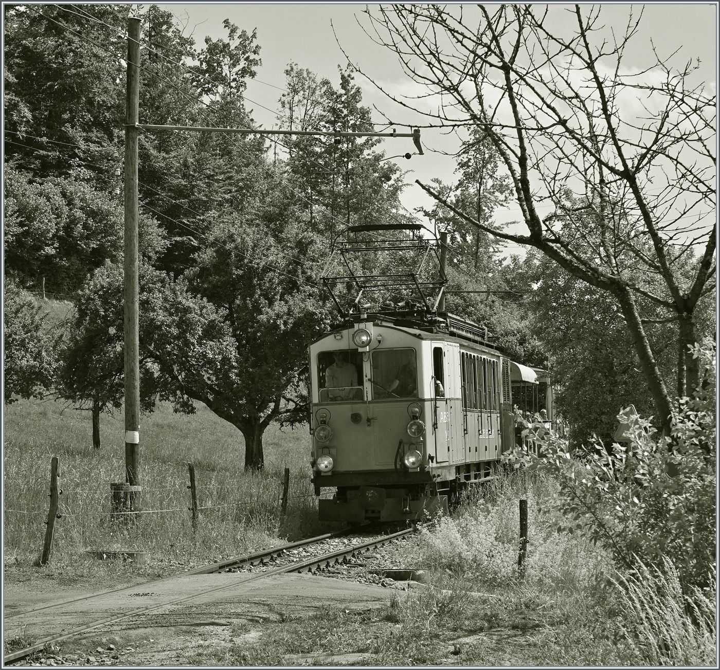 Der LLB ABFe 2/4 10 Blonay-Chamby Bahn ist bei Cornaux auf dem Weg nach Blonay. 
21. Mai 2022