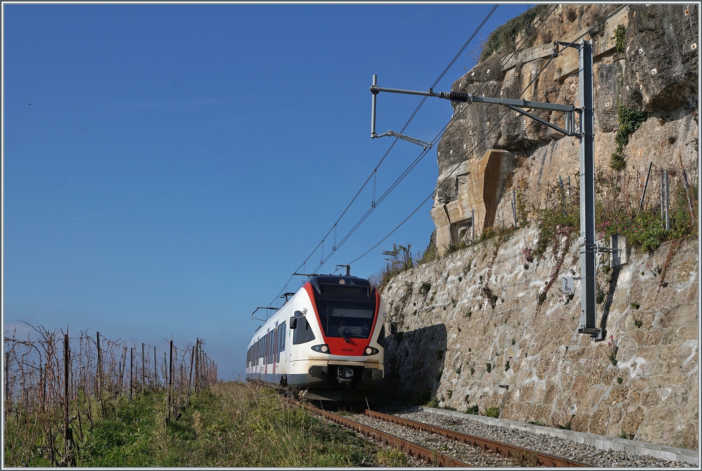 Der SBB RABe 523 028 ist als Regionalzug oberhalb von St-Saphorin auf dem Weg von Puidoux nach Vevey.

16. Nov. 2024